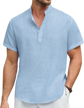 Enlision Mens Cotton Linen Henley Shirts Casual Short Sleeve Shirt Summer Beach Hippie Tshirt Band Collar Shirt for Men