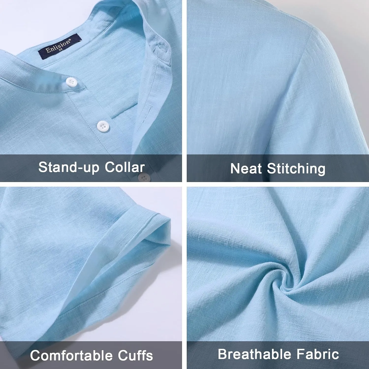 Enlision Mens Cotton Linen Henley Shirts Casual Short Sleeve Shirt Summer Beach Hippie Tshirt Band Collar Shirt for Men