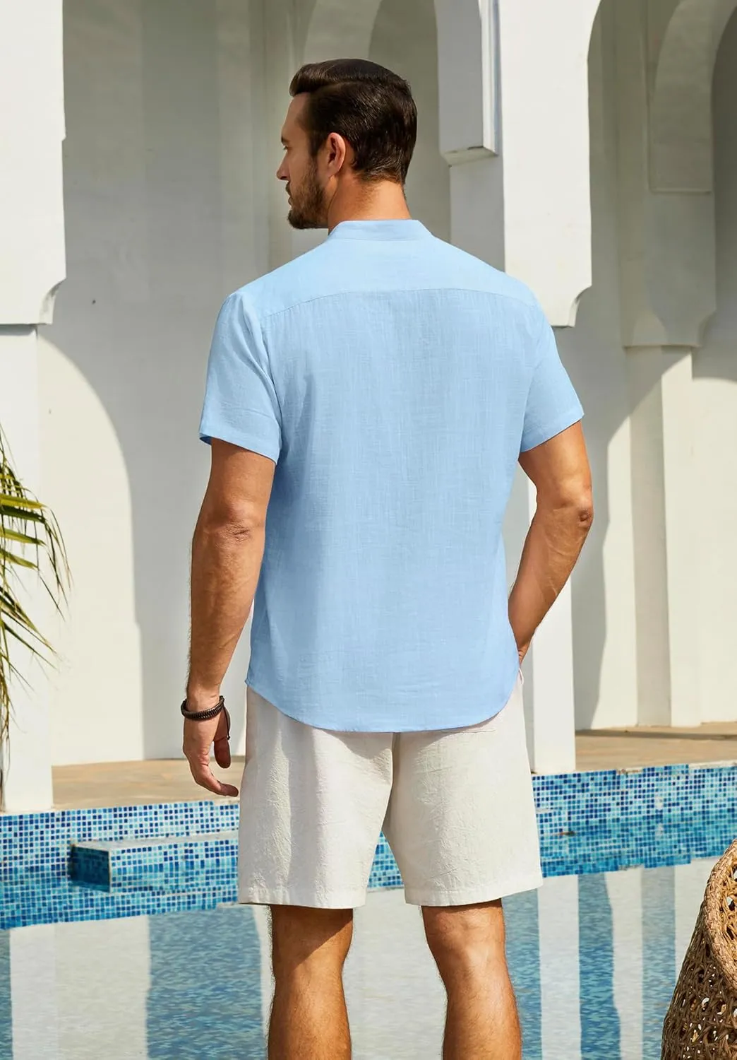 Enlision Mens Cotton Linen Henley Shirts Casual Short Sleeve Shirt Summer Beach Hippie Tshirt Band Collar Shirt for Men