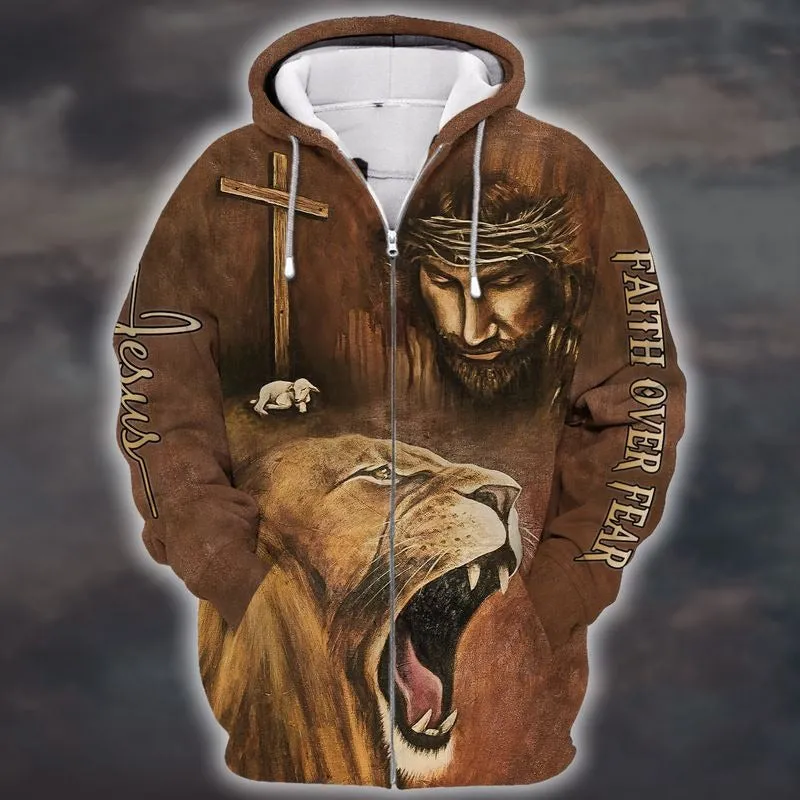 Faith Over Fear Lion And God All Over Print 3D T Shirts, God 3D Full Print Hoodie Sublimation God Shirts