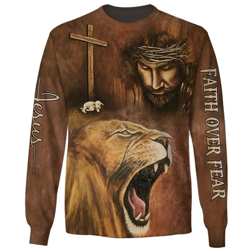 Faith Over Fear Lion And God All Over Print 3D T Shirts, God 3D Full Print Hoodie Sublimation God Shirts