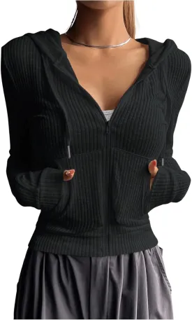 GORGLITTER Women's Lightweight Zip Up Hoodie Drawstring Long Sleeve Cropped Jacket