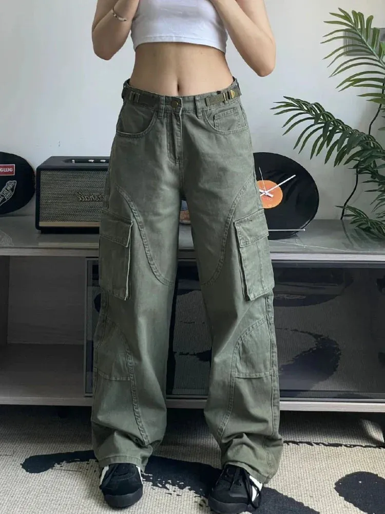 Green Jeans Woman Vintage Oversize Pockets Wide Leg Denim Pants
