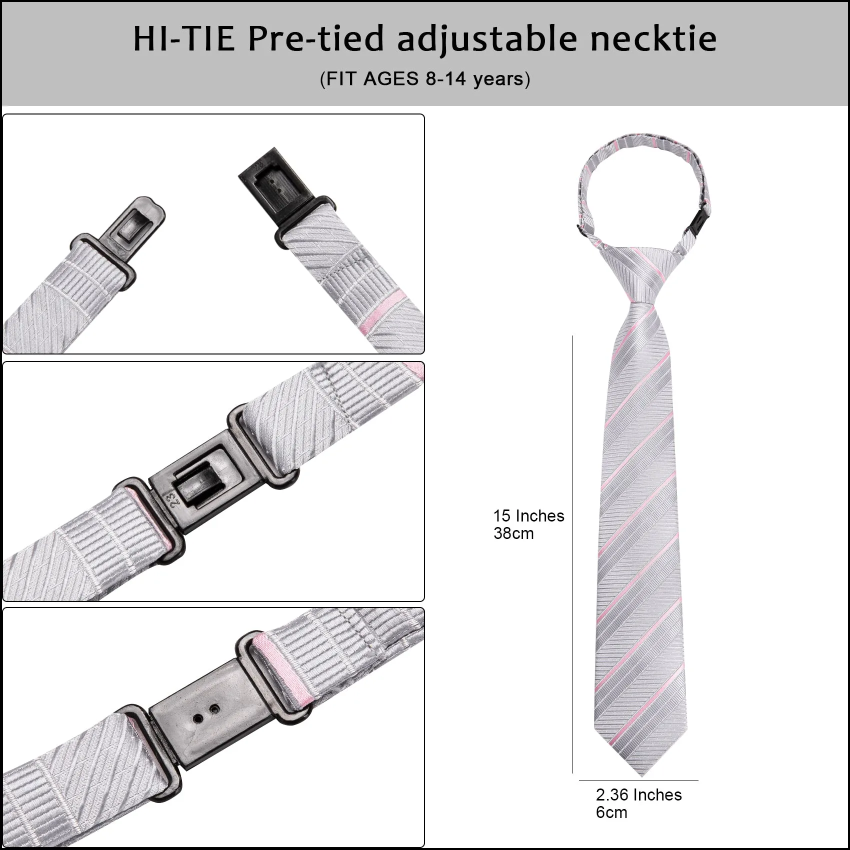 Grey Pink Striped Boys Pre-tied Adjustable Tie Pocket Square