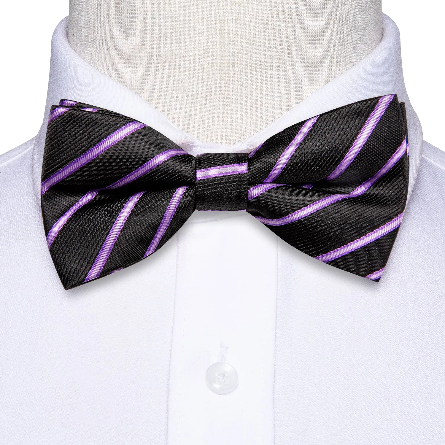 Hi-Tie Black Purple Striped Children Kids Bow Tie Hanky Cufflinks Set