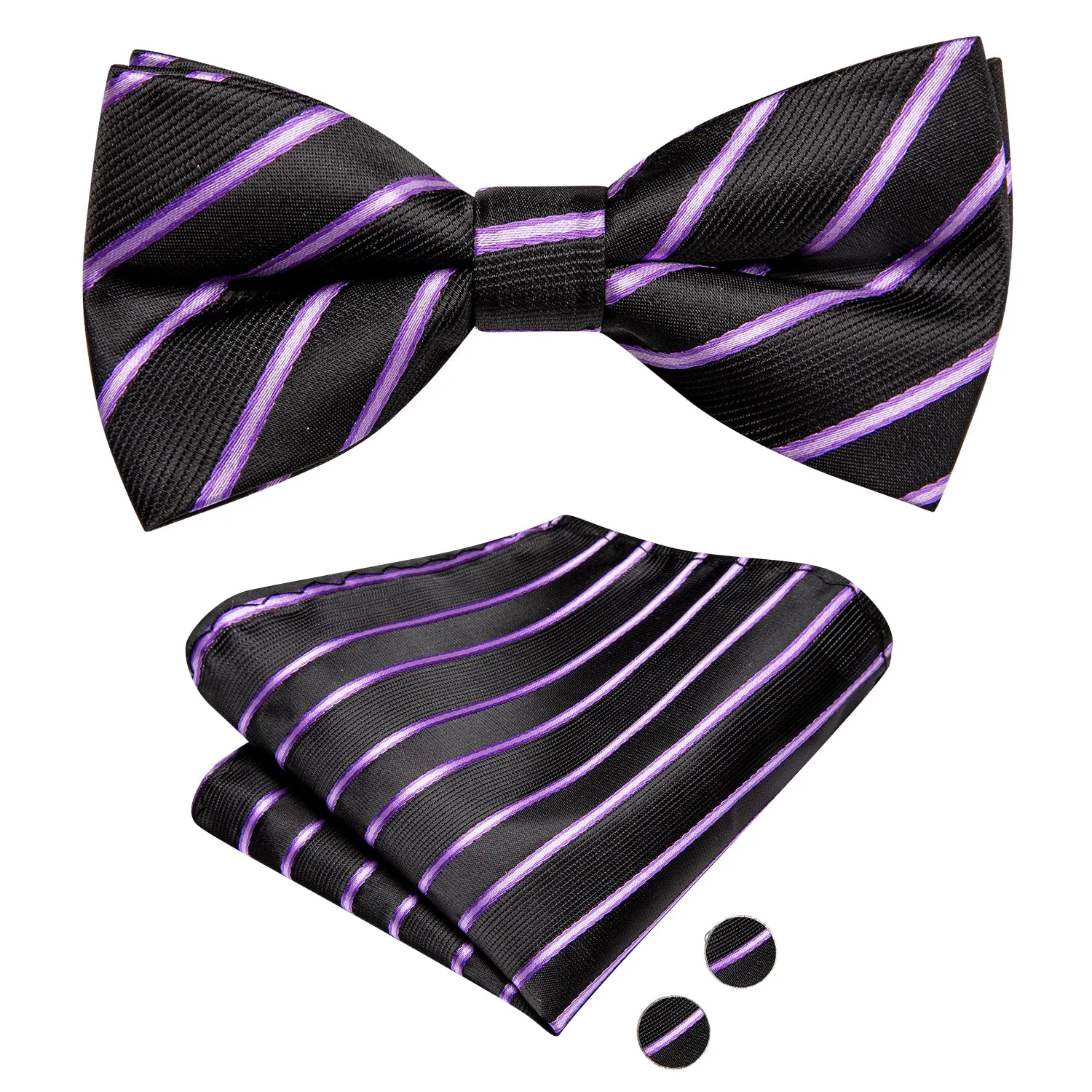 Hi-Tie Black Purple Striped Children Kids Bow Tie Hanky Cufflinks Set