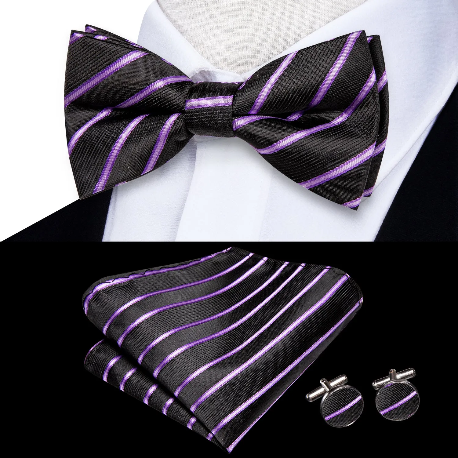 Hi-Tie Black Purple Striped Children Kids Bow Tie Hanky Cufflinks Set