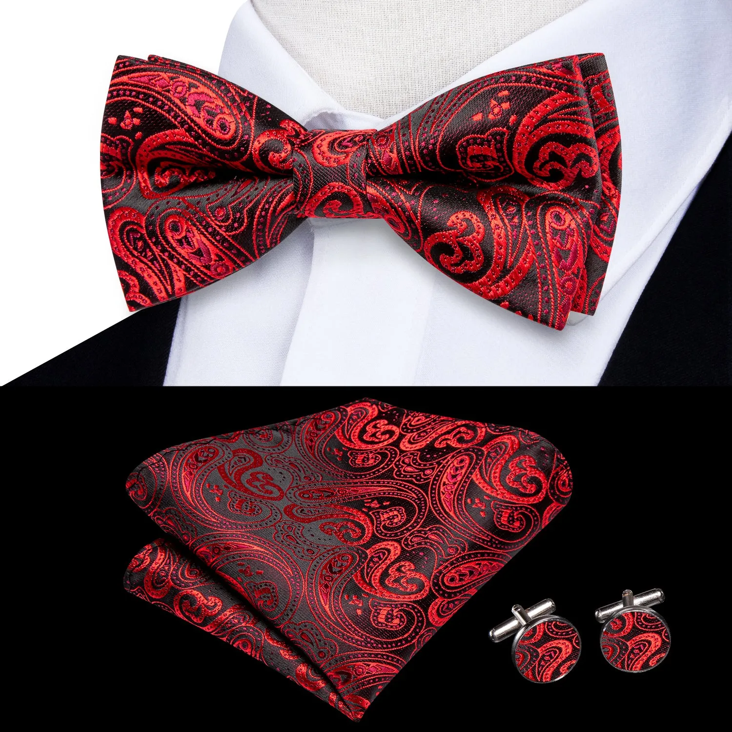 Hi-Tie Red Black Paisley Kids Neck Bow Tie Pocket Square Cufflinks Set