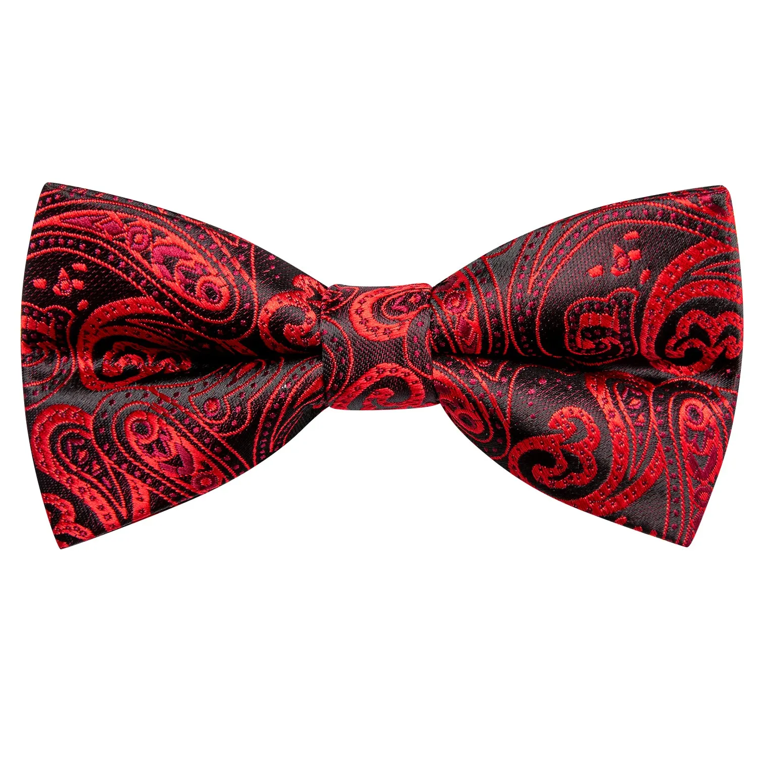 Hi-Tie Red Black Paisley Kids Neck Bow Tie Pocket Square Cufflinks Set