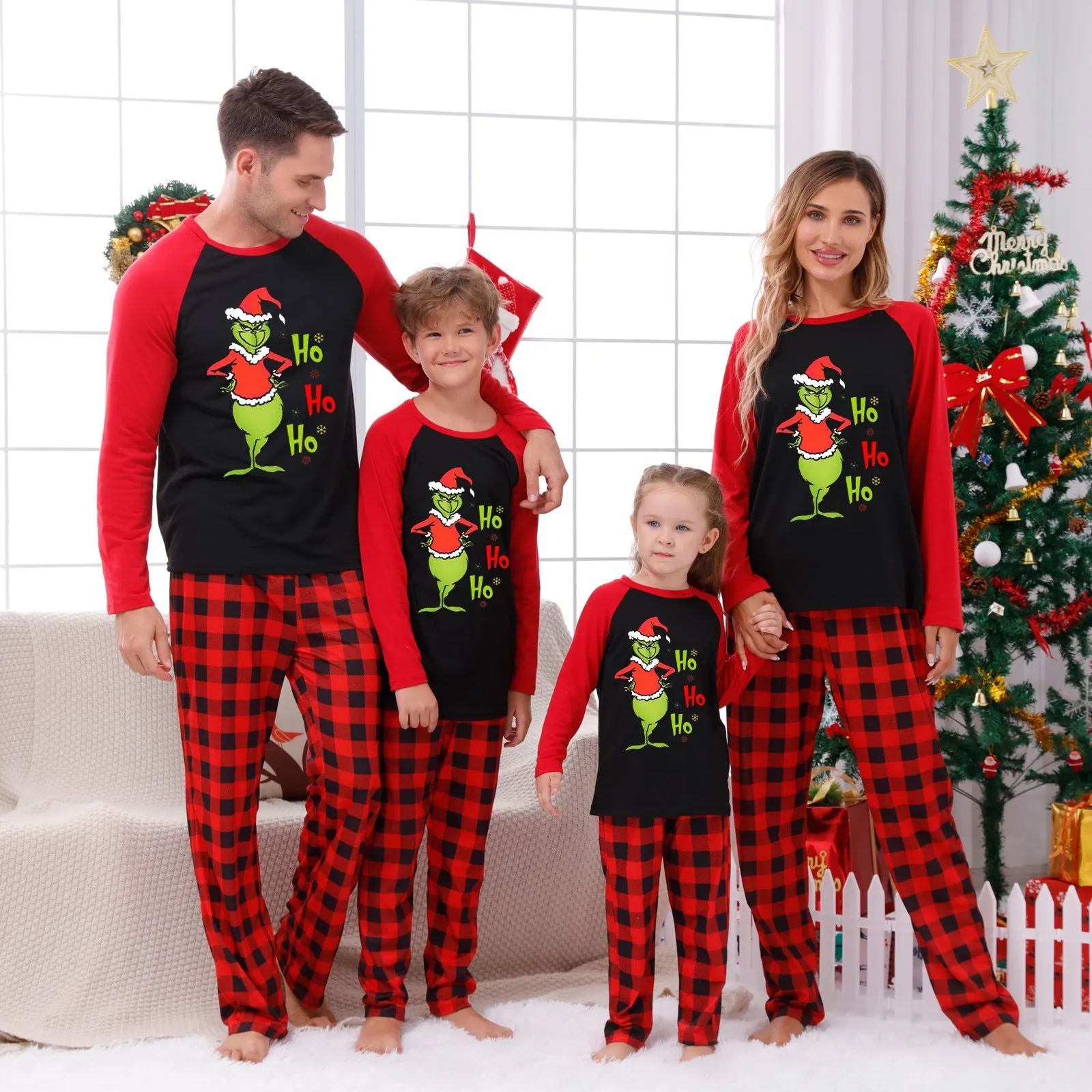“HO HO HO” Christmas Grinch Red Plaid Pajama Set