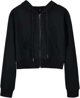 Hooever Womens Cute Workout Cropped Zip Up Drawstring Hoodie Sweatshirt Jacket