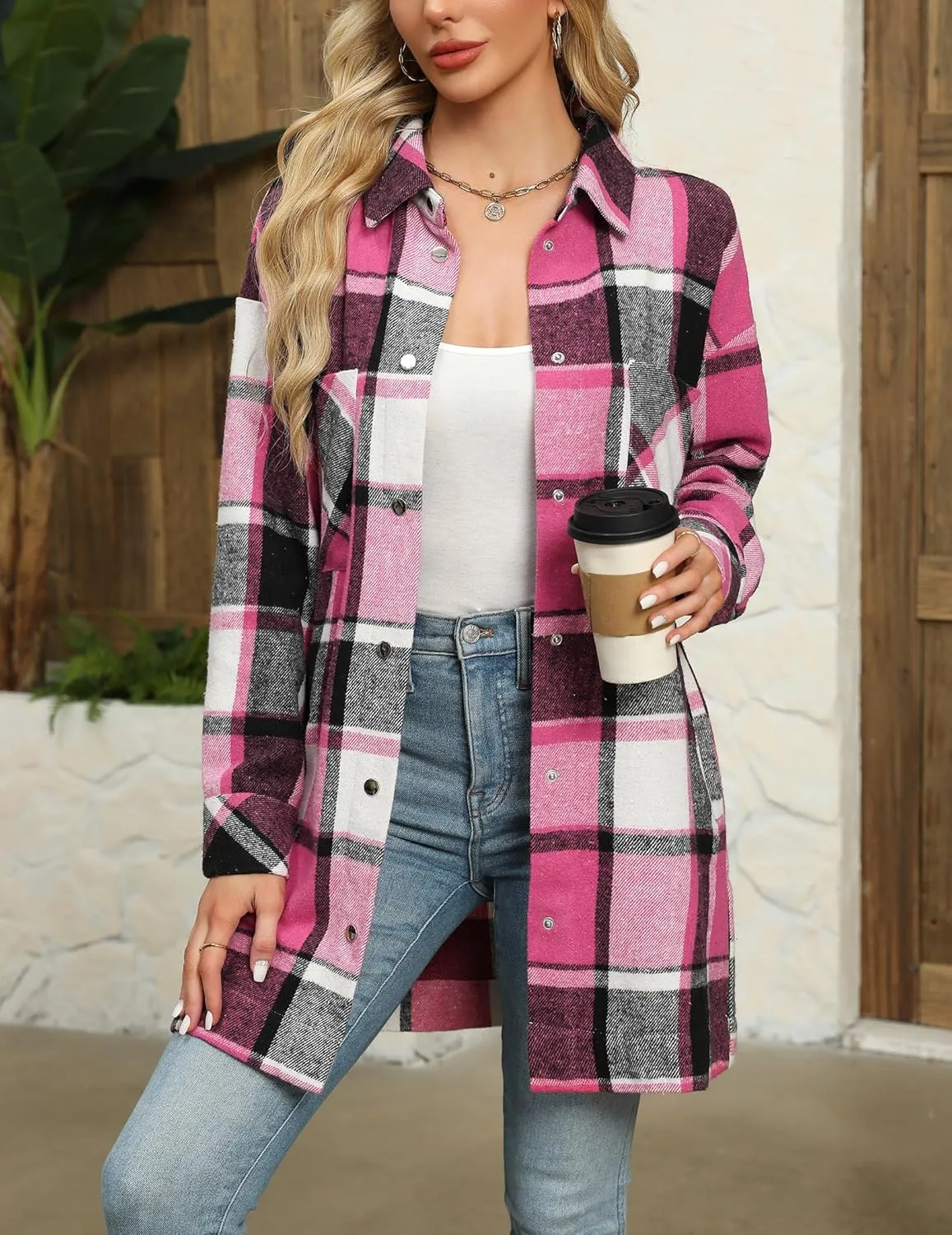 HOTOUCH Womens Flannel Jacket Long Plaid Shacket Casual Snap Button Tartan Trench Coat Long Sleeve Shirts with Pockets