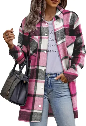 HOTOUCH Womens Flannel Jacket Long Plaid Shacket Casual Snap Button Tartan Trench Coat Long Sleeve Shirts with Pockets