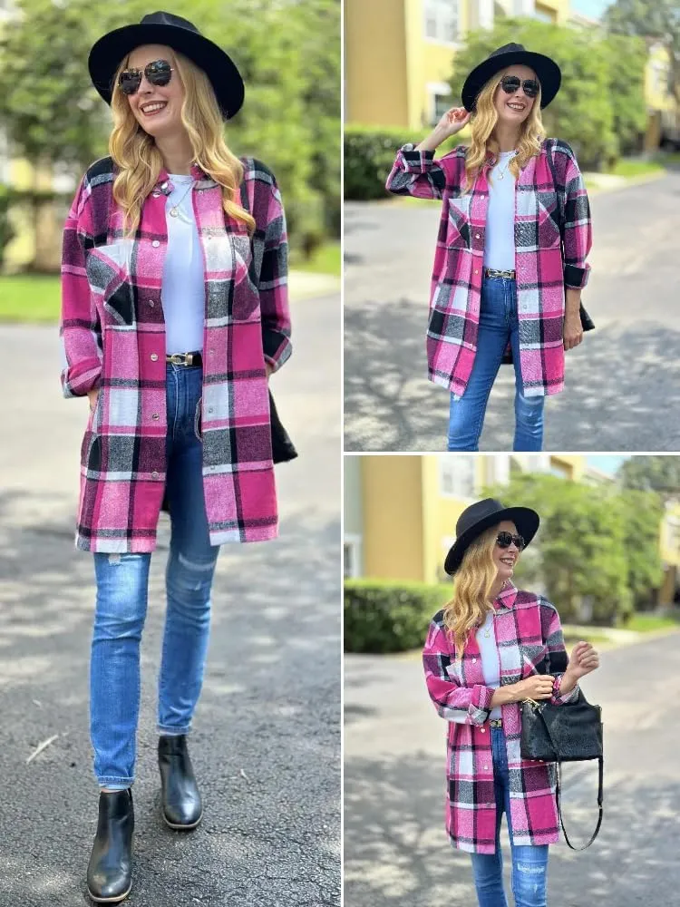 HOTOUCH Womens Flannel Jacket Long Plaid Shacket Casual Snap Button Tartan Trench Coat Long Sleeve Shirts with Pockets