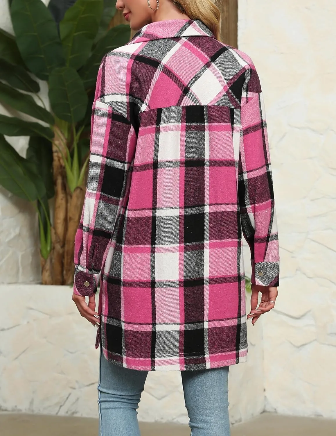 HOTOUCH Womens Flannel Jacket Long Plaid Shacket Casual Snap Button Tartan Trench Coat Long Sleeve Shirts with Pockets