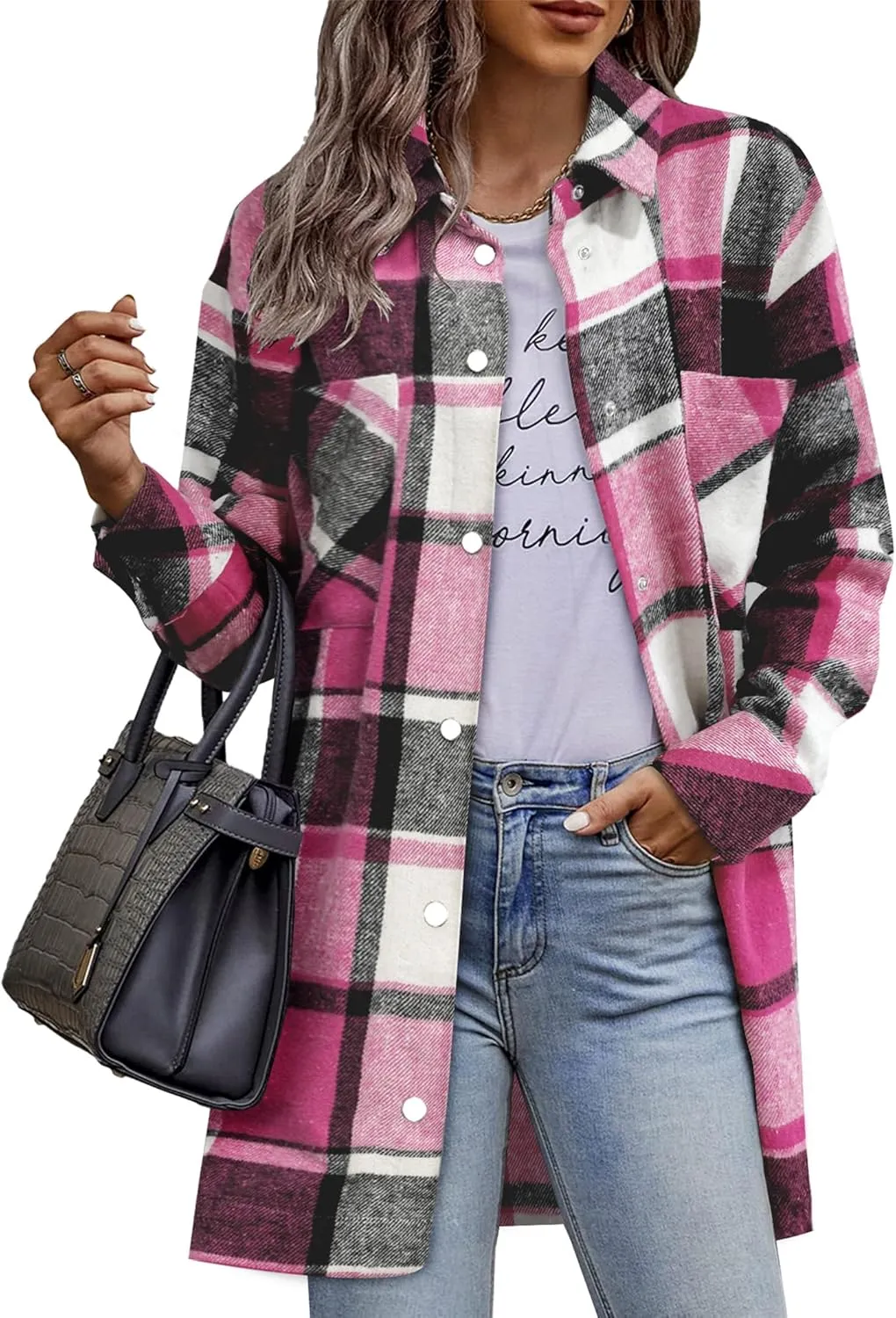 HOTOUCH Womens Flannel Jacket Long Plaid Shacket Casual Snap Button Tartan Trench Coat Long Sleeve Shirts with Pockets