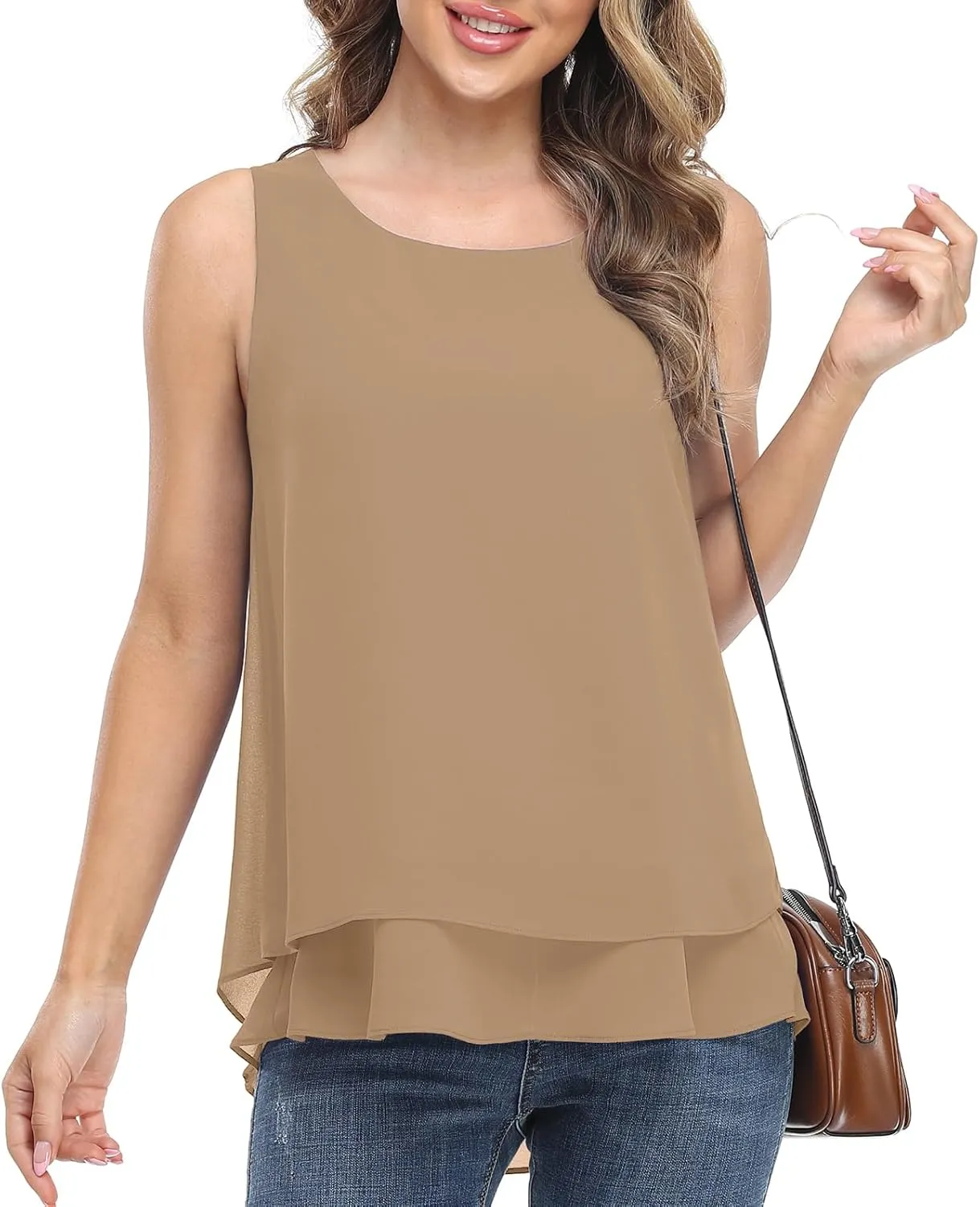 Jouica Women's Sleeveless Chiffon Tank Top Double Layers Casual Blouse Tunic