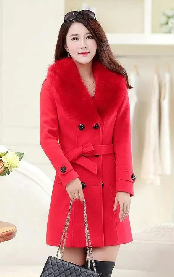 Large fur collar woolen coat