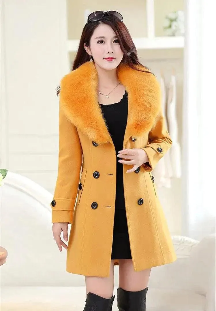 Large fur collar woolen coat