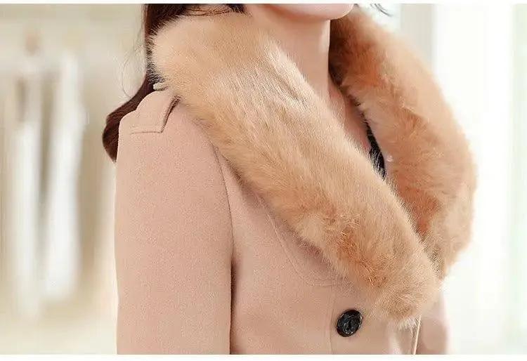 Large fur collar woolen coat