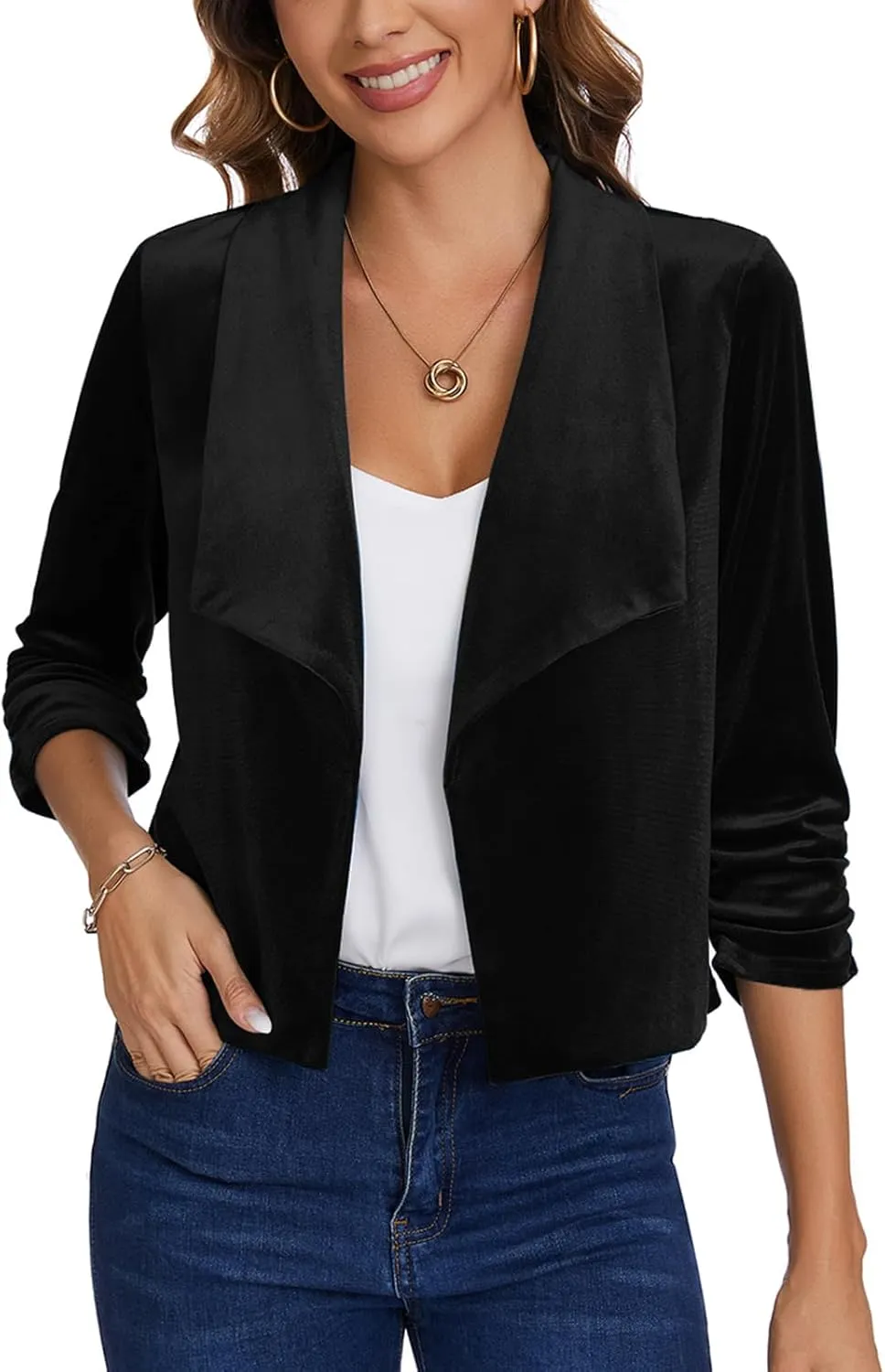 MINTLIMIT Women's Casual Velvet Blazer Jackets 3/4 Ruched Sleeve Shawl Collar Draped Open Front Spring Short Velvet Blazers