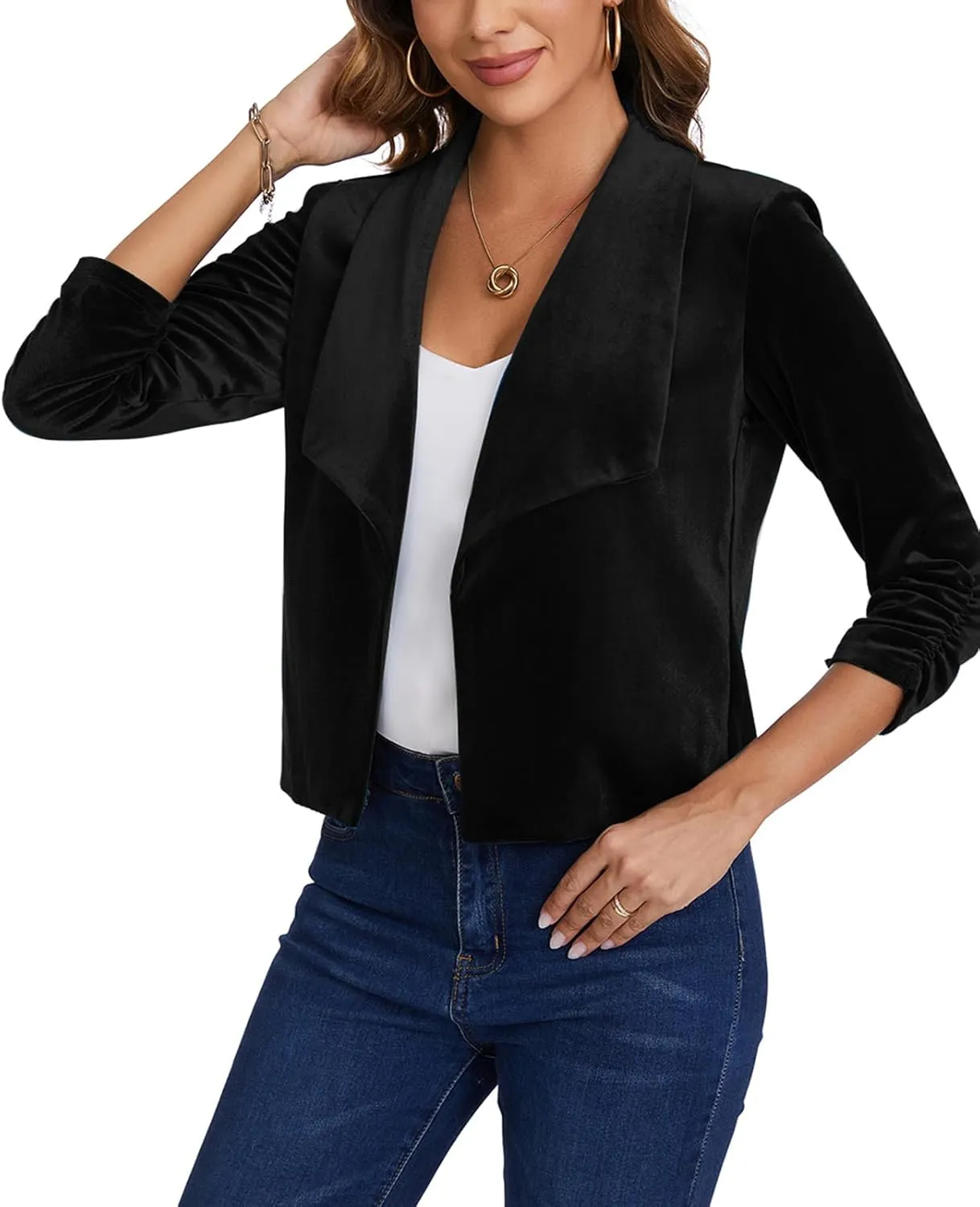 MINTLIMIT Women's Casual Velvet Blazer Jackets 3/4 Ruched Sleeve Shawl Collar Draped Open Front Spring Short Velvet Blazers