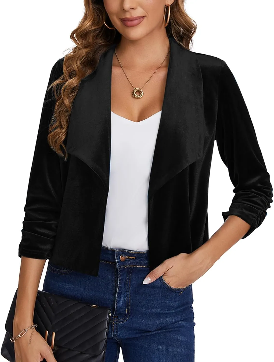 MINTLIMIT Women's Casual Velvet Blazer Jackets 3/4 Ruched Sleeve Shawl Collar Draped Open Front Spring Short Velvet Blazers