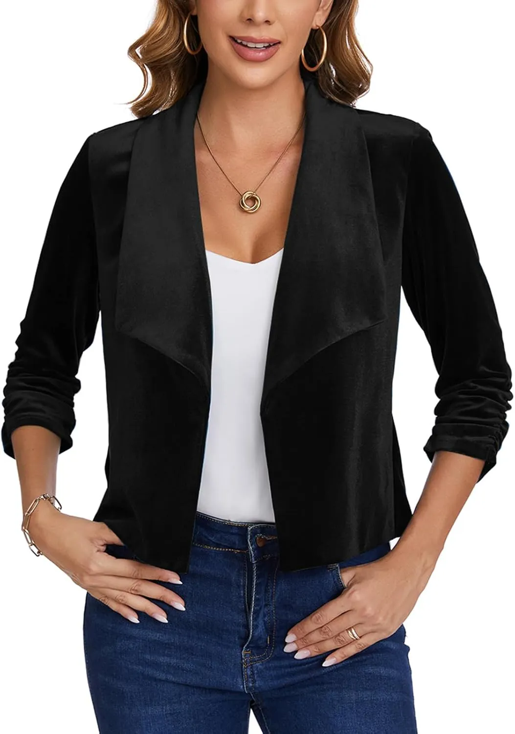MINTLIMIT Women's Casual Velvet Blazer Jackets 3/4 Ruched Sleeve Shawl Collar Draped Open Front Spring Short Velvet Blazers