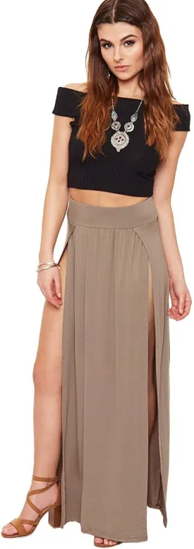 OgLuxe Womens Double Split Maxi Long Skirt Ladies Plain Basic Two Side Slit 4-22
