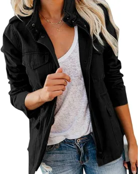 Pepochic Womens Military Jacket Zip Up Snap Buttons Lightweight Utility Anorak Field Safari Coat Outwear
