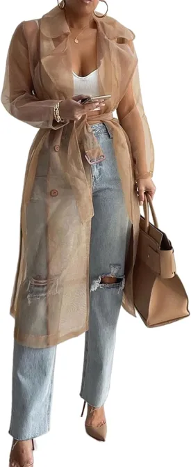 Perbai Womens Sheer Mesh Trench Jacket Lapel Double Breasted Belted Midi Peacoat Outerwear