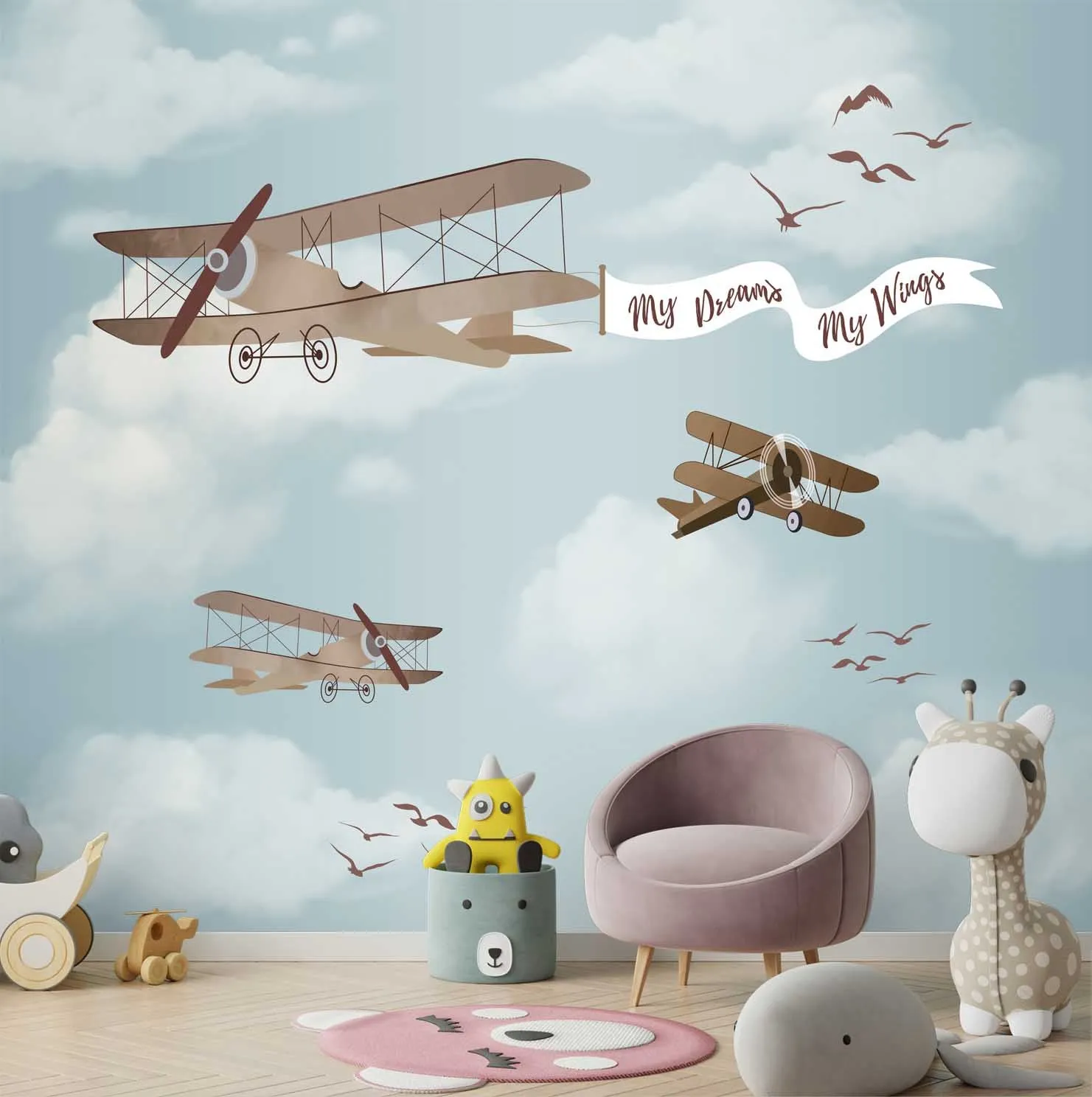 Personalised Gliders & Planes Themed Wallpaper for Kids Room, Customised
