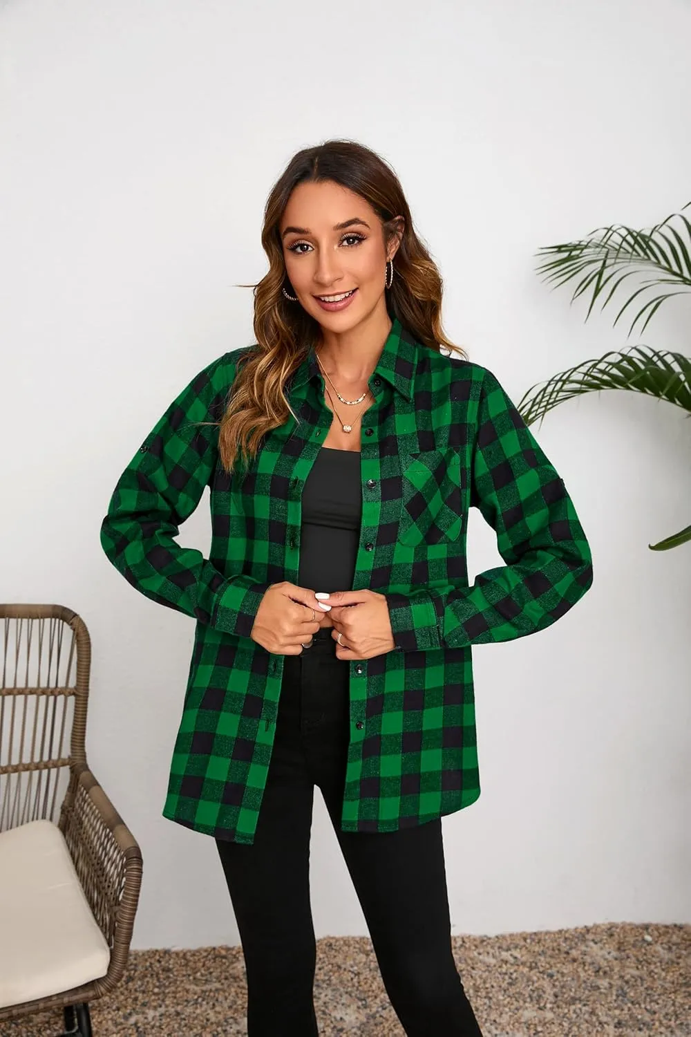 Plaid Shirts for Women Casual Button Down Flannel Shirt Plus Size Roll Up Long Sleeve Checkered Blouse Tops