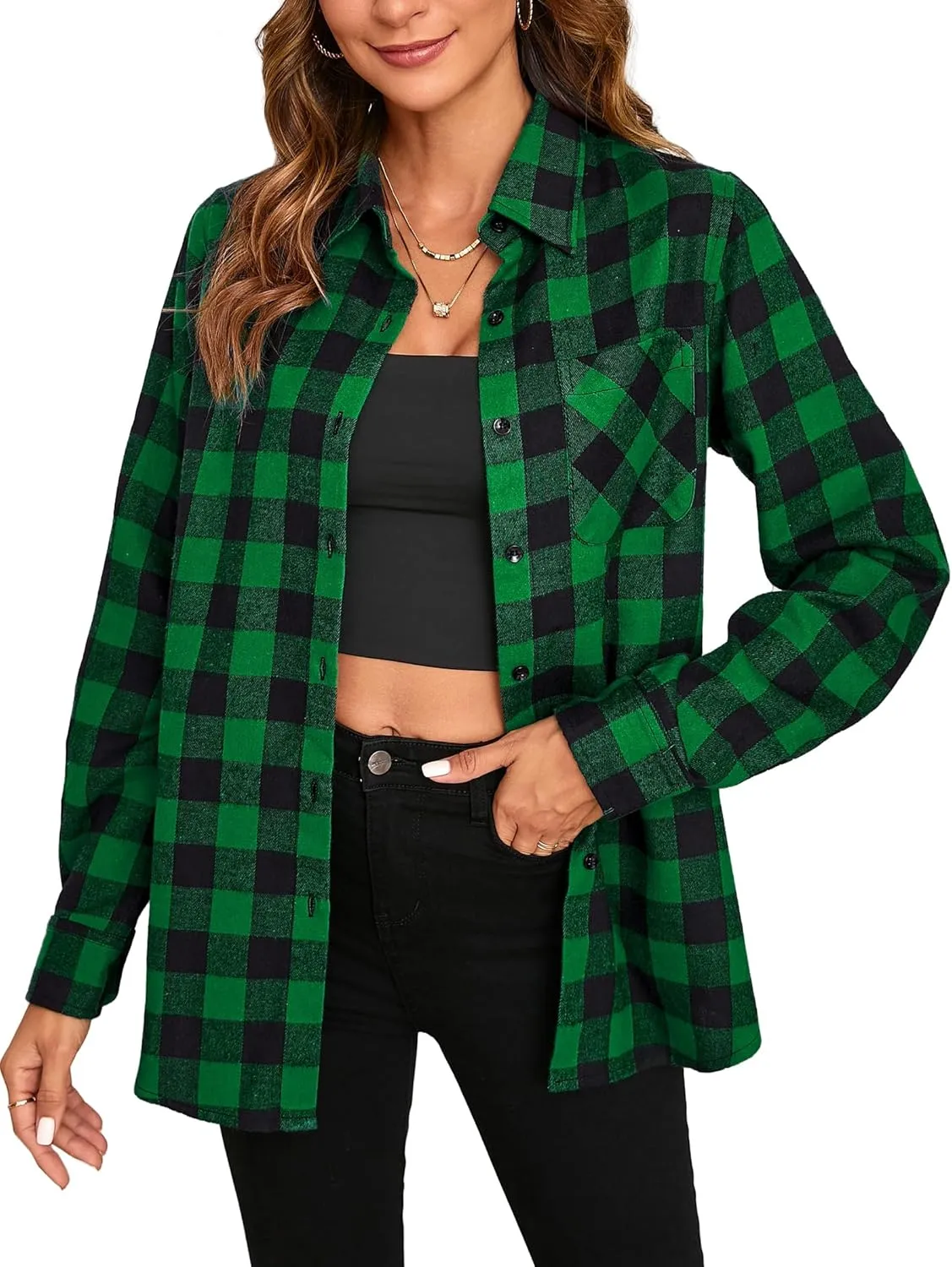 Plaid Shirts for Women Casual Button Down Flannel Shirt Plus Size Roll Up Long Sleeve Checkered Blouse Tops