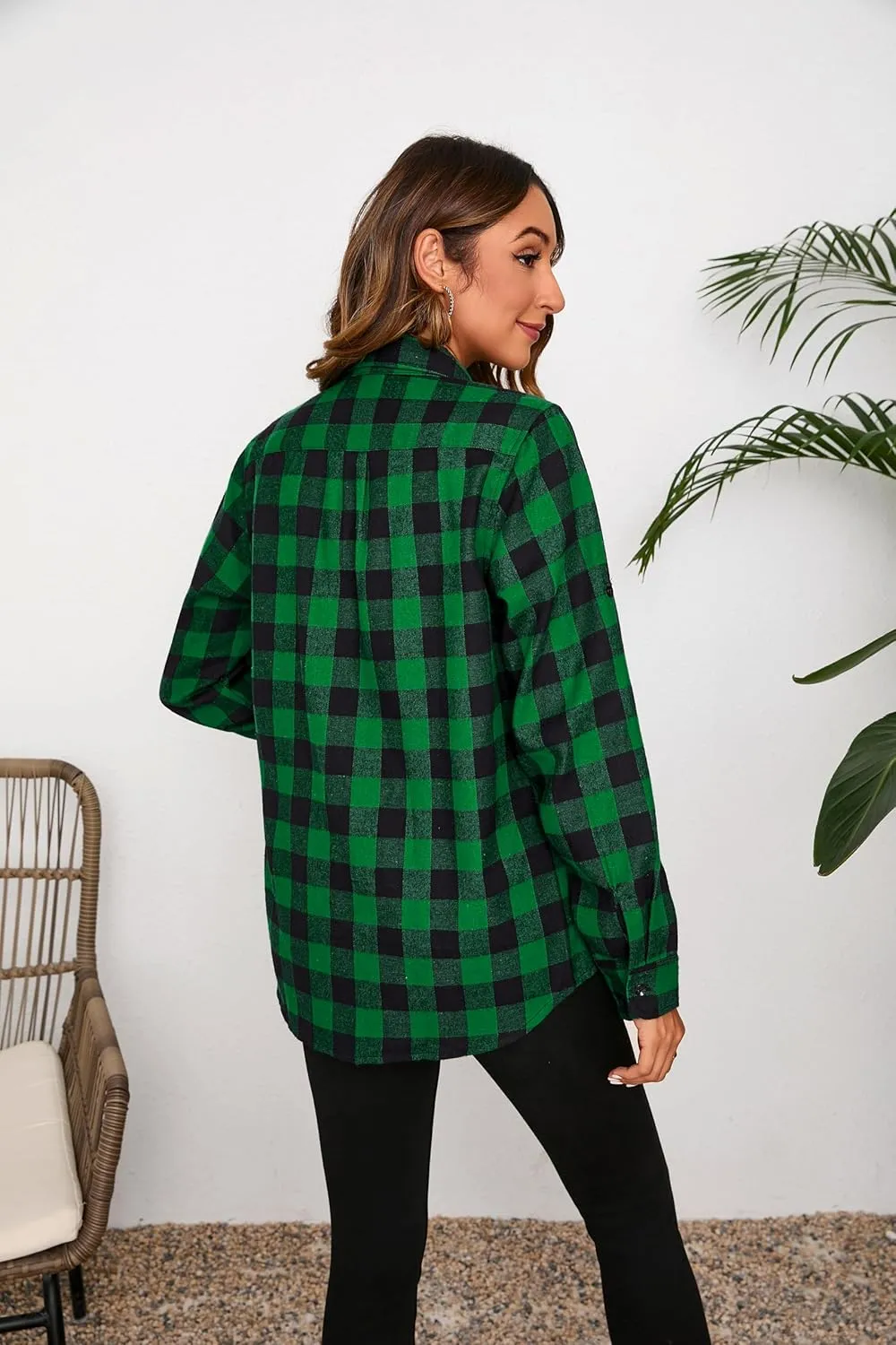 Plaid Shirts for Women Casual Button Down Flannel Shirt Plus Size Roll Up Long Sleeve Checkered Blouse Tops