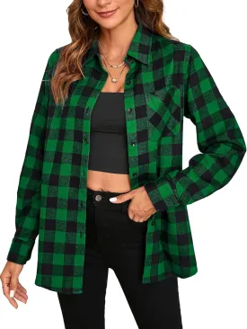 Plaid Shirts for Women Casual Button Down Flannel Shirt Plus Size Roll Up Long Sleeve Checkered Blouse Tops