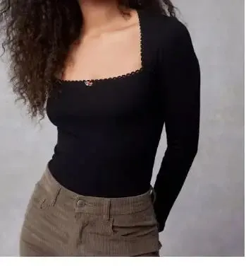 Rib Knit Crop Tops Solid Color Square Neck Long Sleeve Mini Rose Decor Spring Fall Slim Fit Casual T-shirt