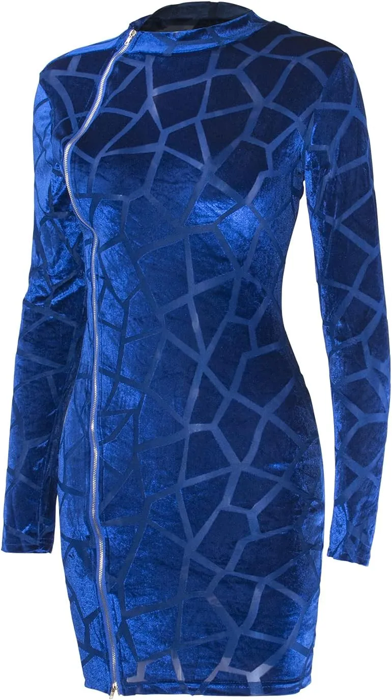sedmoda Womens Bodycon Velvet Mini Dresses Side Zipper Slit Mesh Patchwork Sexy Long Sleeve Club Outfits