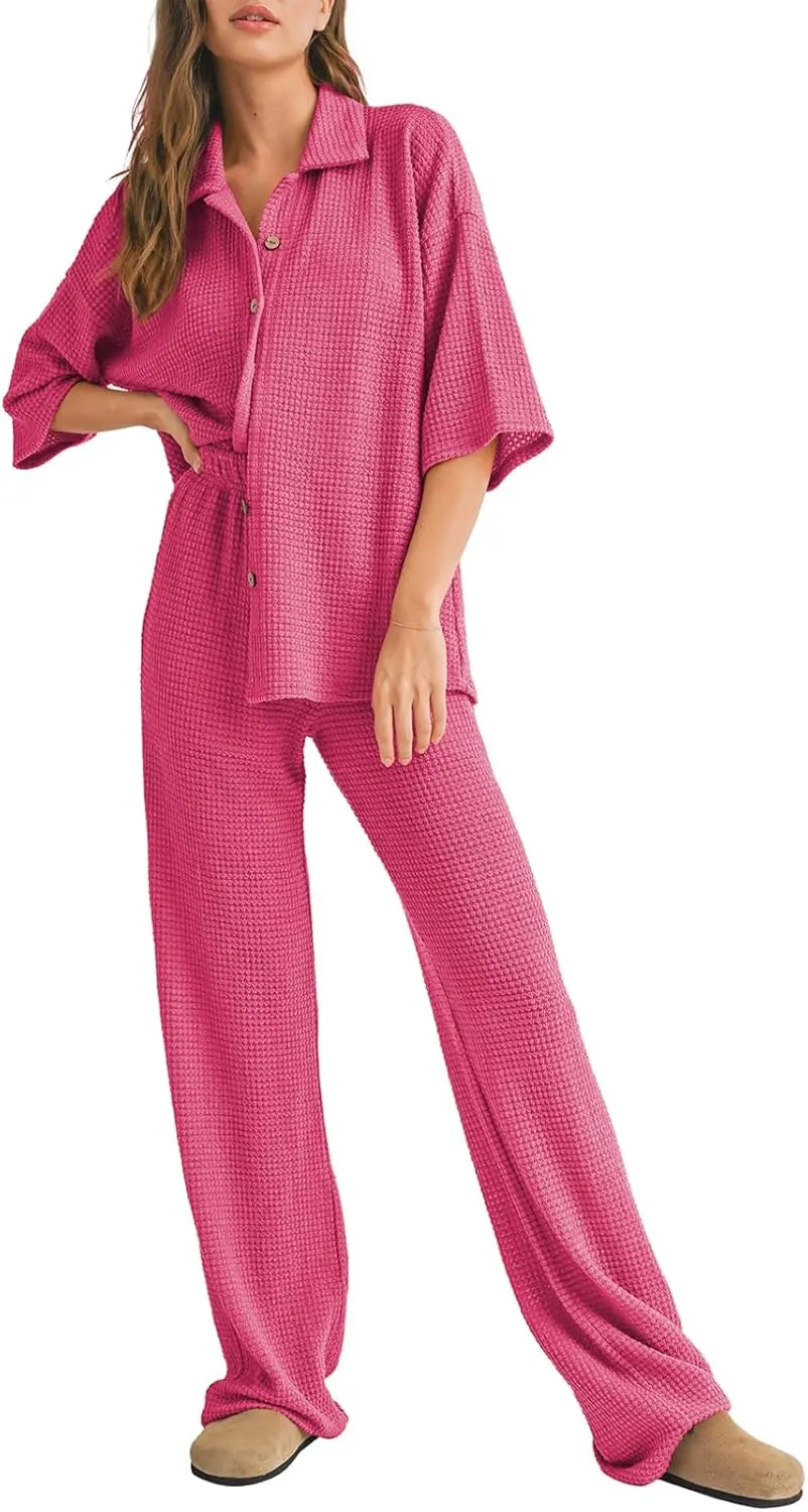 SHEWIN Women's 2 Piece Outfits Waffle Knit Lounge Sets Casual Short Sleeve Button Down Sleepwear Pajamas Set