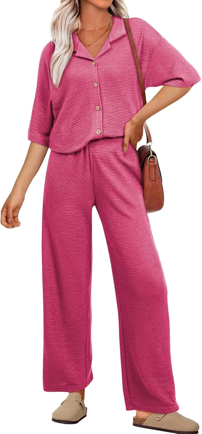 SHEWIN Women's 2 Piece Outfits Waffle Knit Lounge Sets Casual Short Sleeve Button Down Sleepwear Pajamas Set