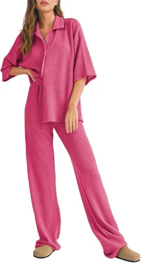 SHEWIN Women's 2 Piece Outfits Waffle Knit Lounge Sets Casual Short Sleeve Button Down Sleepwear Pajamas Set