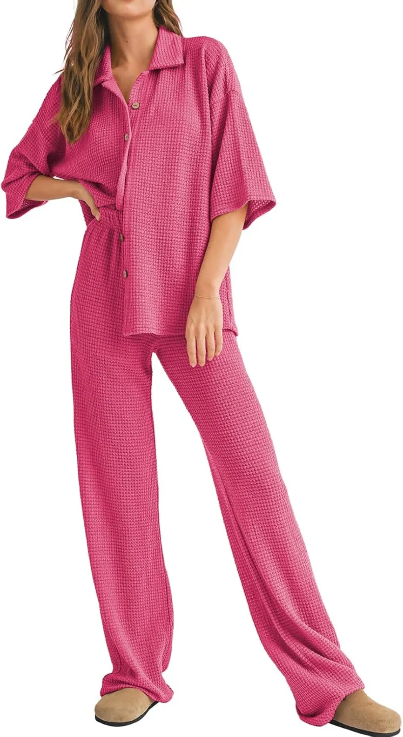 SHEWIN Women's 2 Piece Outfits Waffle Knit Lounge Sets Casual Short Sleeve Button Down Sleepwear Pajamas Set