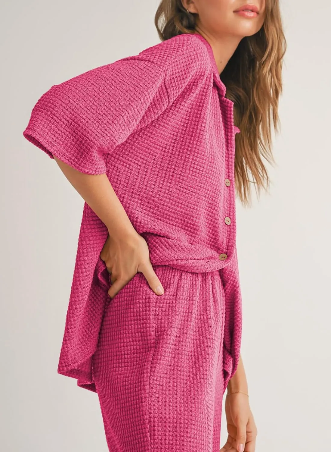SHEWIN Women's 2 Piece Outfits Waffle Knit Lounge Sets Casual Short Sleeve Button Down Sleepwear Pajamas Set