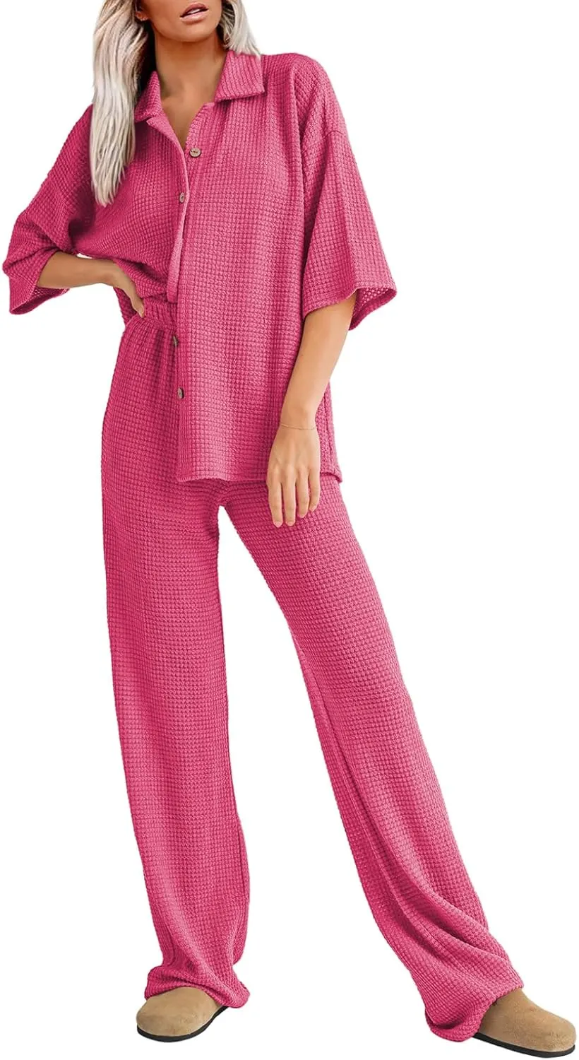 SHEWIN Women's 2 Piece Outfits Waffle Knit Lounge Sets Casual Short Sleeve Button Down Sleepwear Pajamas Set
