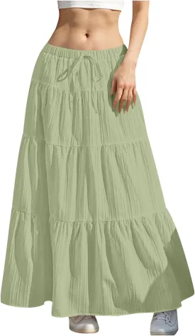 Summer Beach Skirts for Women Lightweight Comfy Elastic Waist Drawstring Pleated Flowy A Line Maxi Skirt
