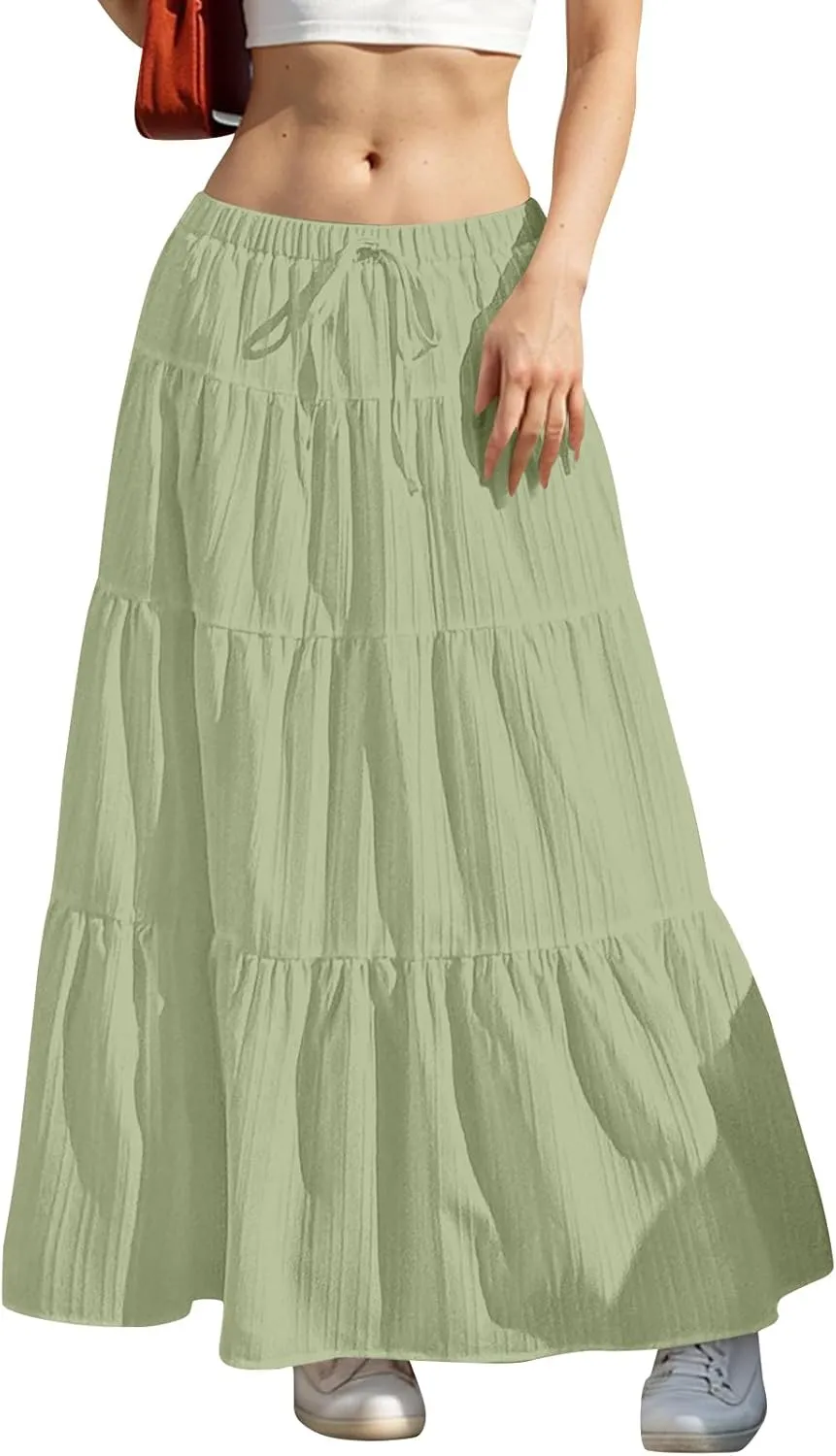 Summer Beach Skirts for Women Lightweight Comfy Elastic Waist Drawstring Pleated Flowy A Line Maxi Skirt