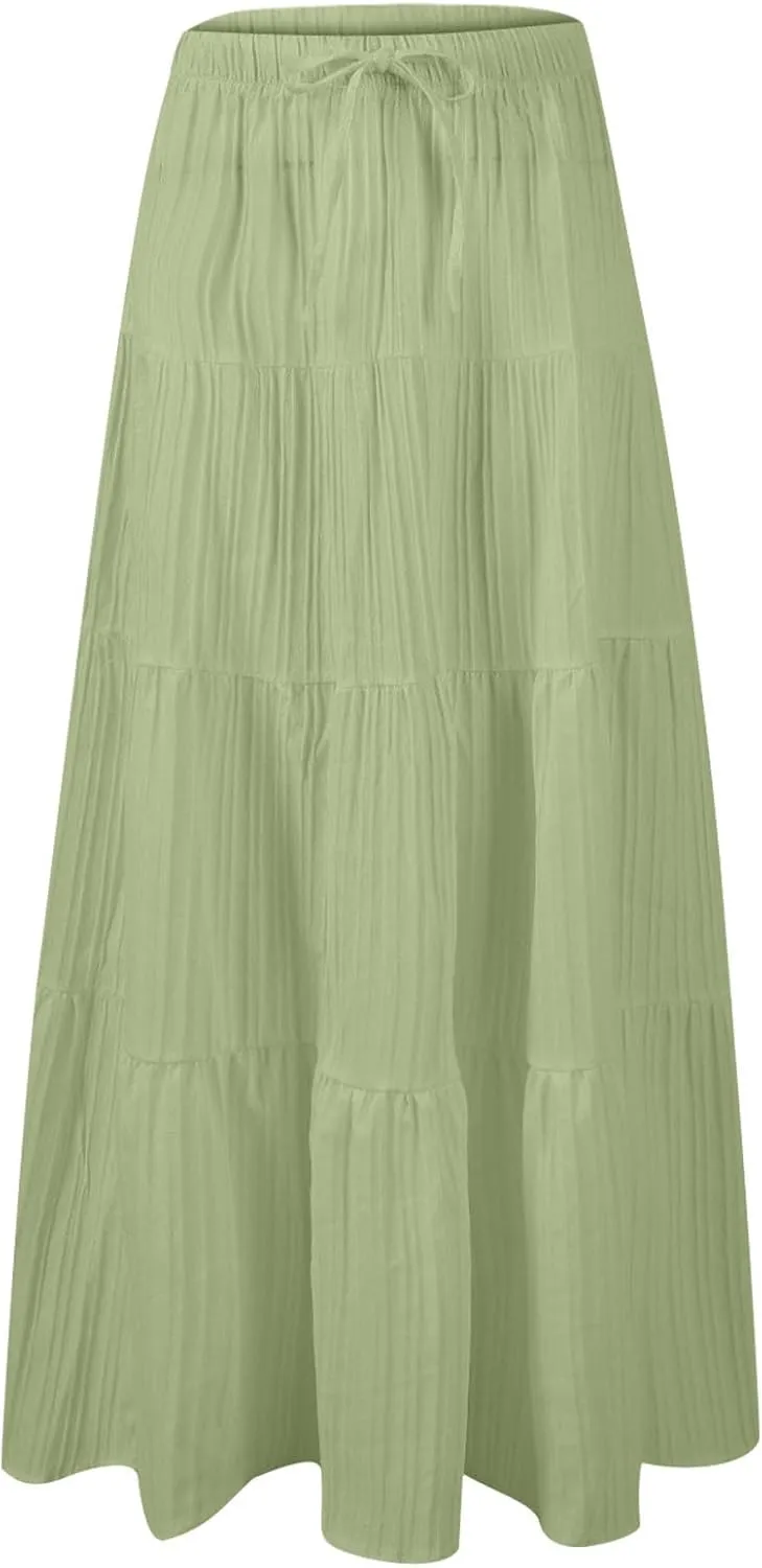 Summer Beach Skirts for Women Lightweight Comfy Elastic Waist Drawstring Pleated Flowy A Line Maxi Skirt