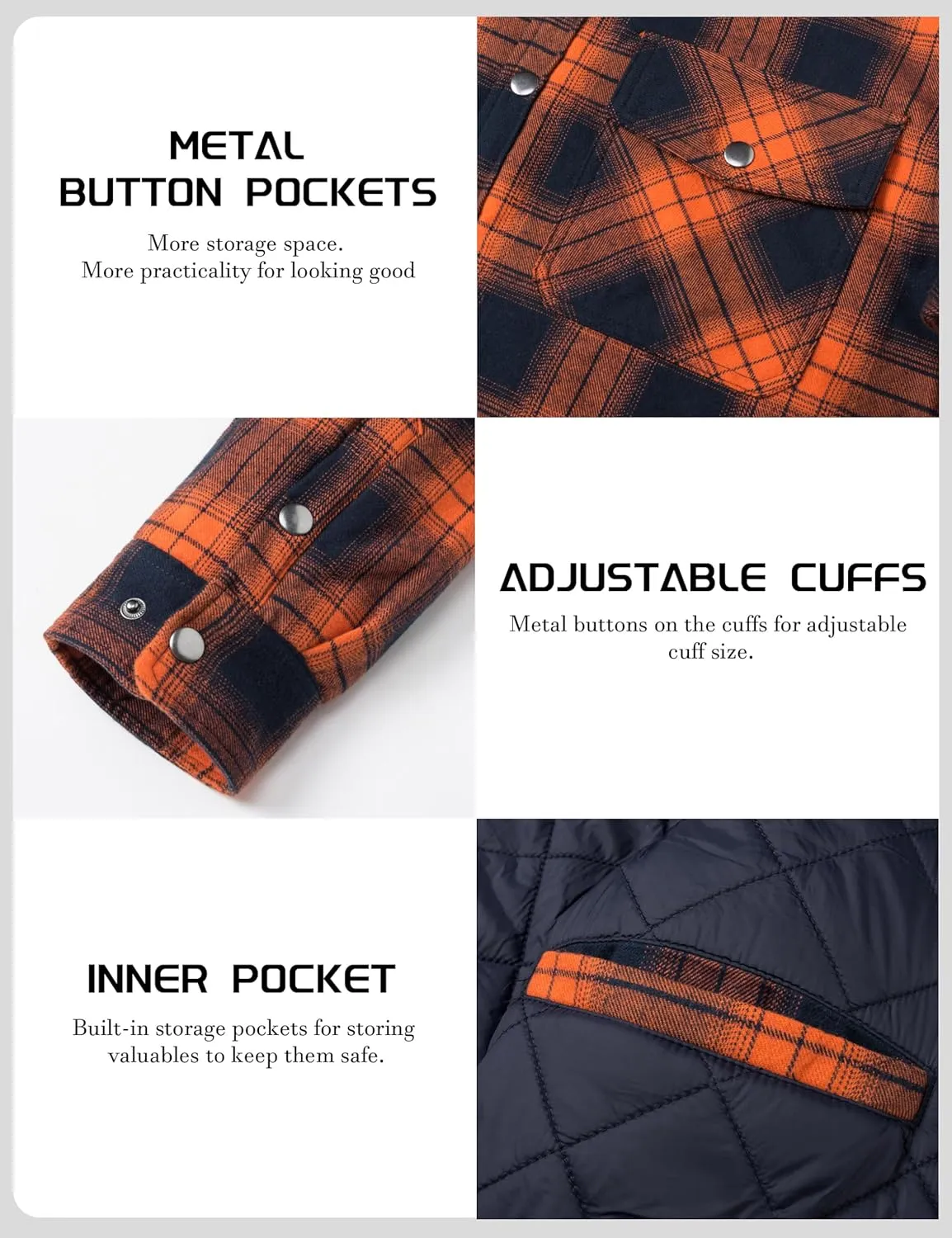 TACVASEN Men's Flannel Shirt Jacket Quilted Lined Long Sleeve Button Down Shirts Jacket