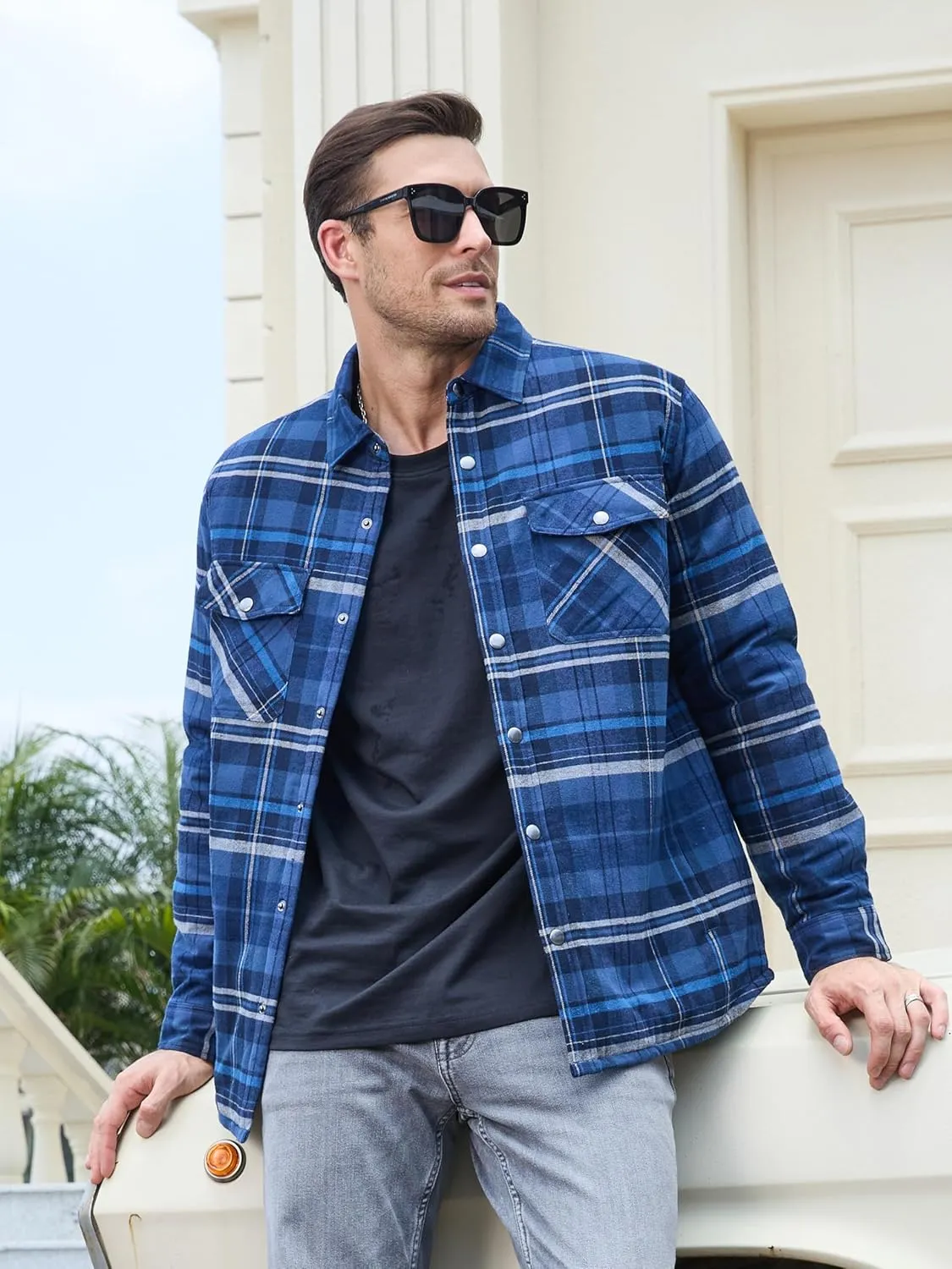 TACVASEN Men's Flannel Shirt Jacket Quilted Lined Long Sleeve Button Down Shirts Jacket