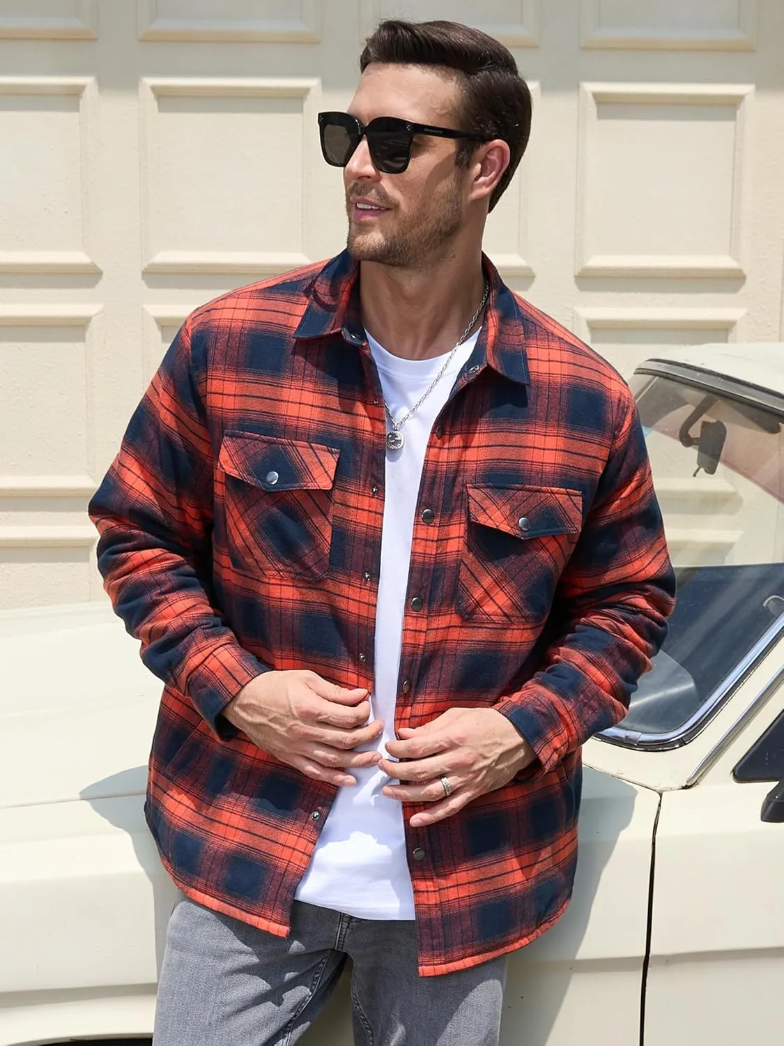 TACVASEN Men's Flannel Shirt Jacket Quilted Lined Long Sleeve Button Down Shirts Jacket